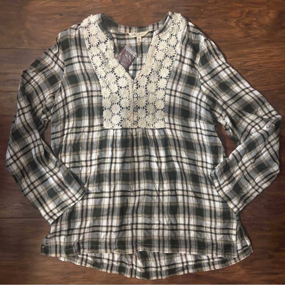 Linda Anderson Plaid and Crochet Blouse
